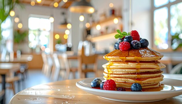 A stack of pancakes with fresh berries.
