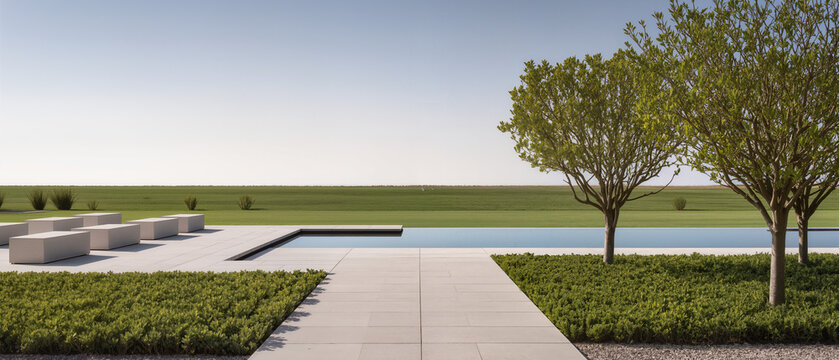 garden landscaping minimalist openart.ai concept. Modern backyard with swimming pool, trees, patio, and outdoor seating under a clear sky.