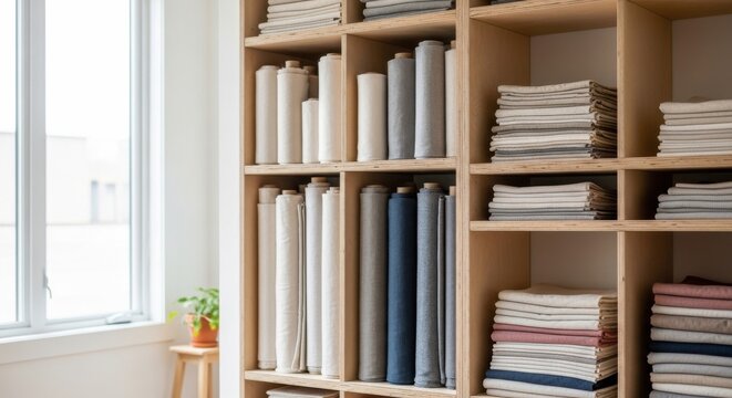 Neatly stacked textiles and linens displayed on modern open birch plywood shelving units