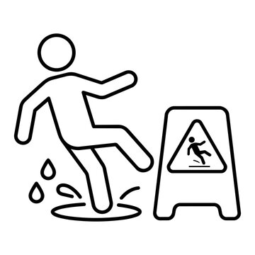 Vector line art icon of a stick figure slipping on a wet floor next to a caution warning sign.