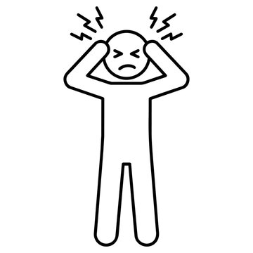 Minimalist line art stick figure icon suffering from a severe headache, migraine, or stress.
