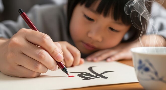 Child practicing calligraphy with brush pen on paper beside steaming cup of tea. Young artist focuses on intricate strokes while enjoying warm beverage.