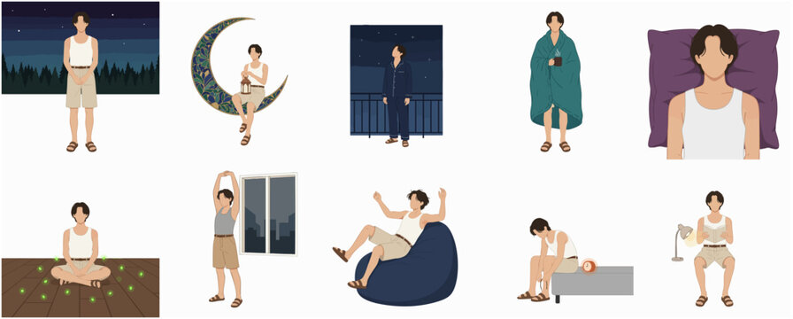 Diverse Daily Life Scene Collection Featuring a Young Man in Various Relaxed Activities and Poses