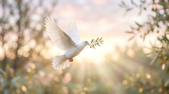 A white dove with an olive branch in its beak flying against a blurred background.