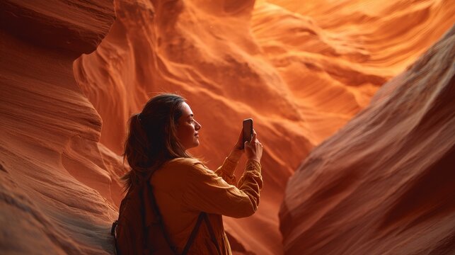 Side view of a woman using a smartphone to photograph dramatic orange sandstone walls inside a narrow slot canyon, travel adventure concept with warm evening light