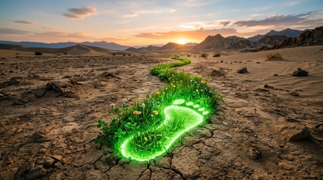 A vibrant green footprint emerges from a cracked desert landscape, illuminated by a glowing light. Wildflowers bloom along the path of the footprint, 