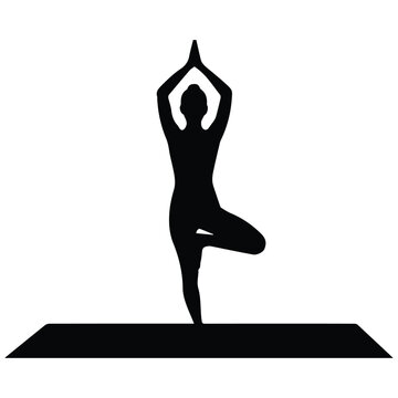 Woman silhouette practicing yoga tree pose on a mat for wellness