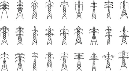 Fototapeta premium Electric transmission tower silhouettes collection featuring high voltage power line pylons in various designs isolated on white background vector set
