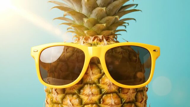 Pineapple wearing sunglasses on a plain background, playful tropical fruit concept with bold summer vibe and clean commercial composition, bright studio lighting, crisp realistic detail, no logos