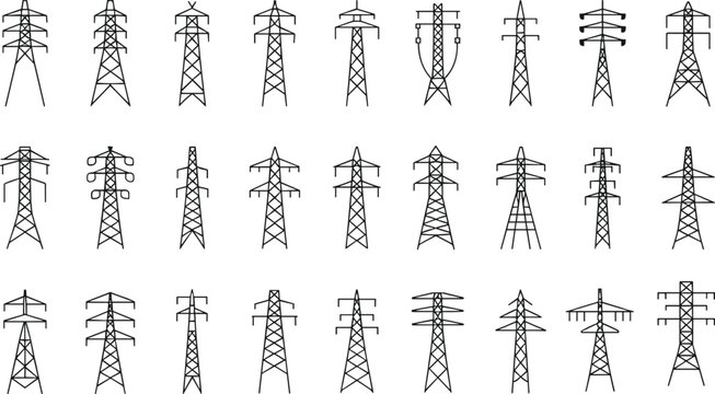 Electric transmission tower silhouettes collection featuring high voltage power line pylons in various designs isolated on white background vector set