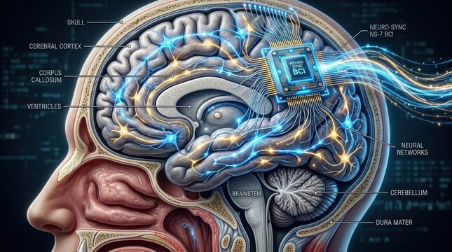 A detailed, digitally rendered illustration showcases a human head with a partial skull view, highlighting the brain's intricate structure. A neural interface device, 