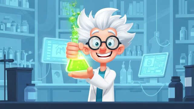 Cartoon scientist with white hair and glasses holds bubbling green potion in laboratory, surrounded by various lab equipment and shelves