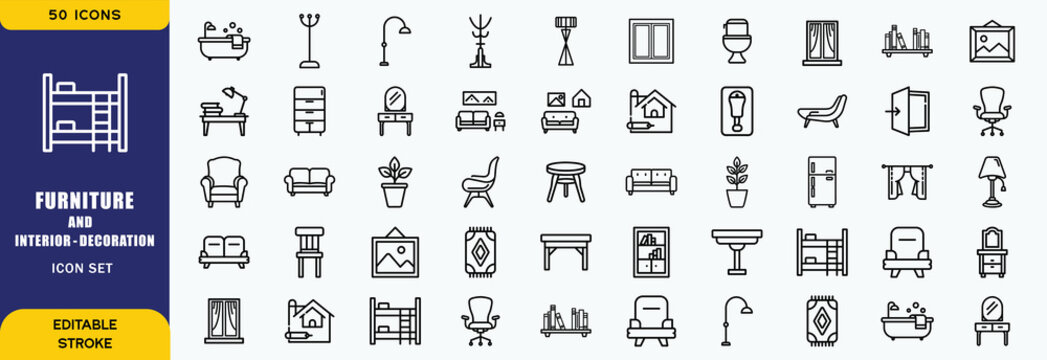 Home furniture icon set. Mimimalist thin line style. Editable stroke. Desk, Interior, Workplace, bed, Luxury, Chair, Furrnishing Icon collection.eb