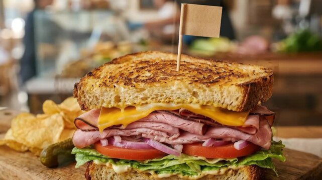 Large appetizing sandwich with ham cheese and lettuce on toasted bread slices, classic deli meal close-up, fresh stacked filling, no logos