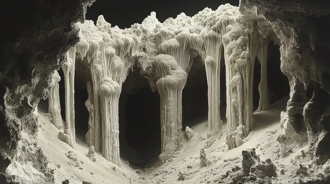 Atmospheric view inside a frozen cave with thick ice stalactites and natural columns, textured walls and snow-covered floor, dramatic lighting and deep shadows