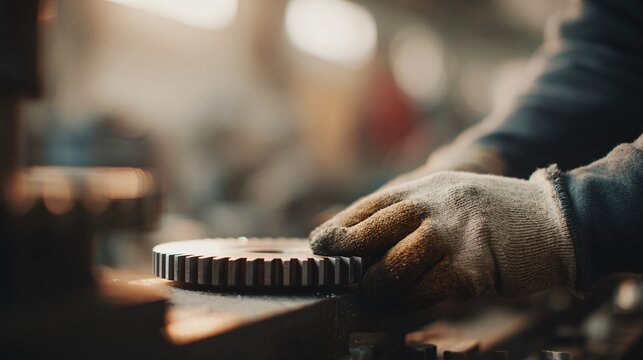 Industrial worker adjusting gear mechanism in factory workshop close-up view machinery focused hands-on craftsmanship