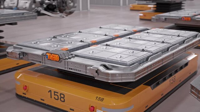Orbit around Lithium-Ion Battery Module loaded on AGV inside Fully Automated Modern Car Factory. AI-powered Humanoid Robots and Automated Guided Vehicles moving in Background. 3d Animation Render