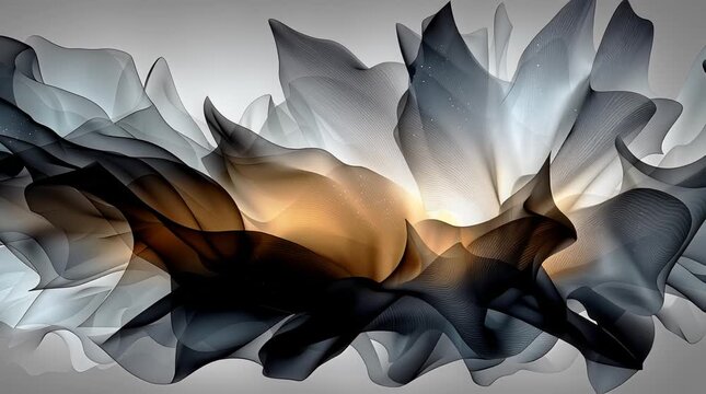 AI-generated animated illustration of a sheer, fabric, fractal flames object suspended in the air, in black, whit and orange