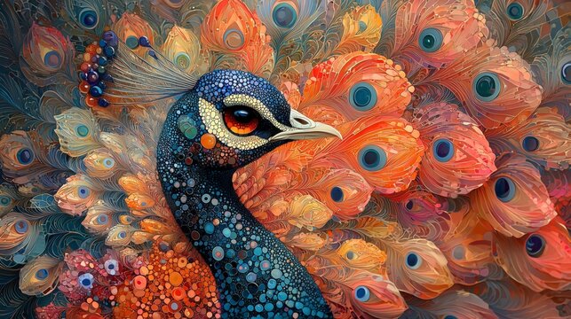 Detailed artistic illustration of a peacock head and neck with shimmering blue plumage, surrounded by vivid feather eyespots and rich textured paint strokes