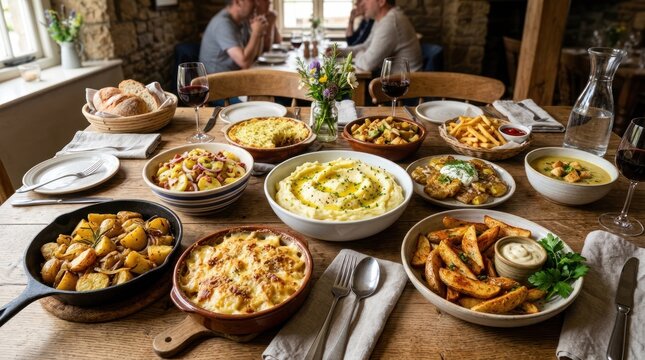A rustic dining table set with a variety of dishes, including mashed potatoes, roasted potatoes, and salads, with a group of people seated in the background, engaged in conversation.