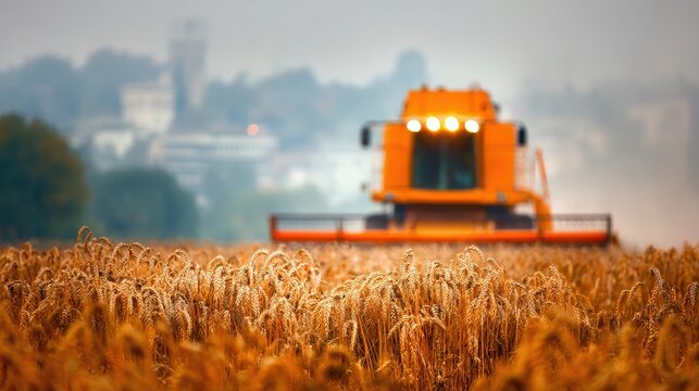 Orange Combine Harvester Working in Golden Wheat Field