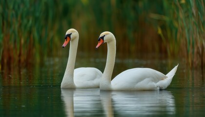 Obraz premium Mute Swans Swimming In Their Natural Habitat At The Pond - Cygnus Olor In The Wild Nature Setting.