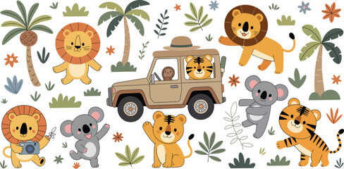 Cute safari animals adventure set with lion, tiger, and jeep, cartoon wildlife characters exploring jungle, fun travel and exploration vector illustration for kids design projects. © Dalim 2