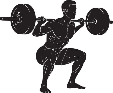 Barbell back squat silhouette fitness training exercise vector illustration isolated on white background