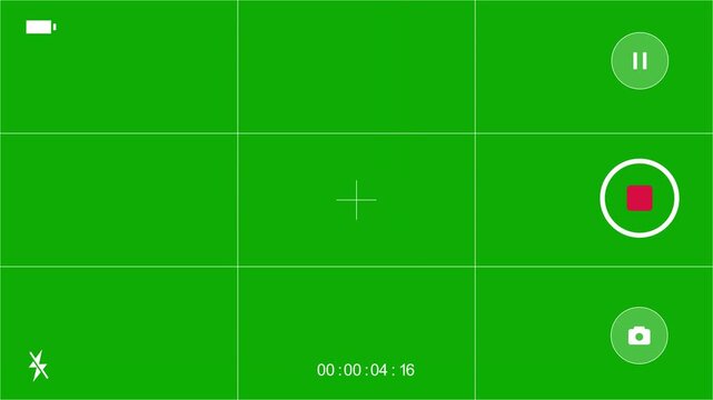 Smartphone Camera Recording Interface Screen with Focus Frame and Timer Animation. Green Screen Background, 4K resolution.