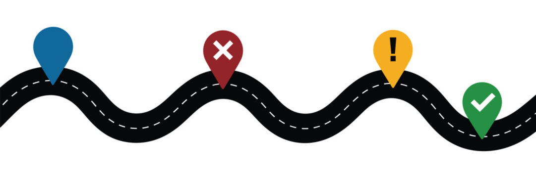 Simple graphic roadmap icons set featuring four distinct location pins depicting start error warning and success for project planning and journey vector illustration, clean navigation milestone symbol