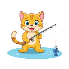 Obraz premium Cartoon cat fishing smiling holding rod blue fish isolated white background