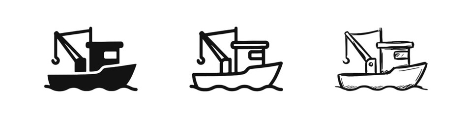 Naklejka premium Fishing Boat Trawler with Crane Icon Set - Marine and Maritime Industry Symbols