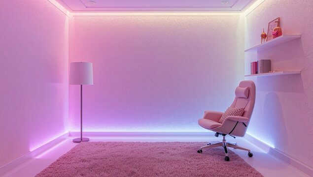 Minimal pink and purple neon room setup with gaming chair and clean interior modern aesthetic workspace creative studio lighting concept