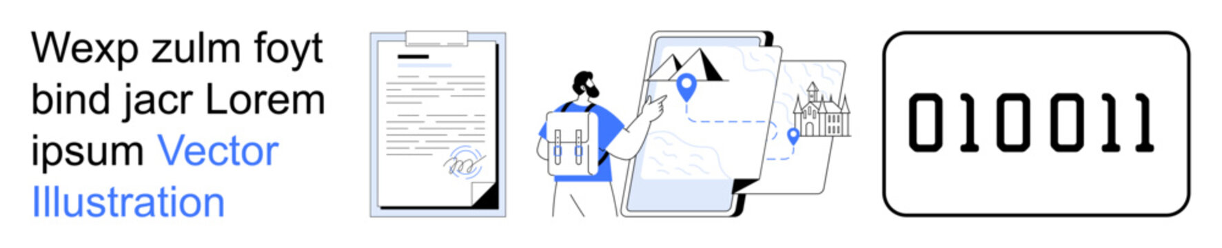 Data organization, file management, location services, coding, digital technology, online processes. Visual shows documents, map pins and binary code. Data organization and file management concepts