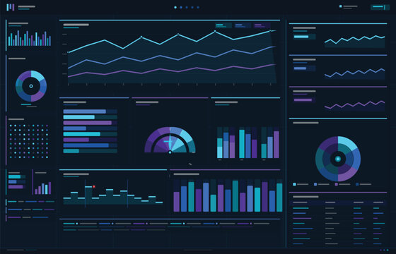 Vector art of collection of various colorful graphs and charts on a dark background for data analysis