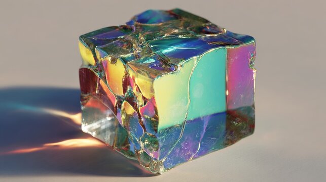 Abstract close-up of an iridescent glass cube with rainbow reflections and refractions, casting colorful light patterns and shadows on a soft neutral surface