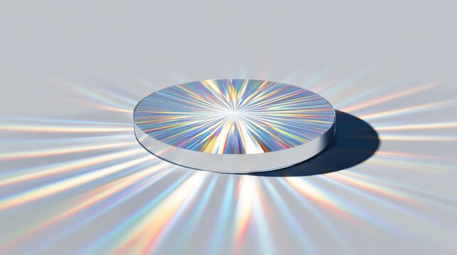 Minimal studio scene of a round glass prism disk casting rainbow diffraction and refraction rays on a white surface, creating an abstract light spectrum background