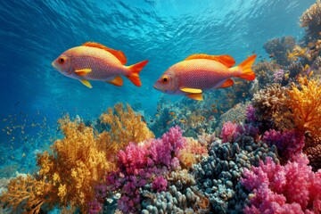 Fototapeta premium Underwater Coral Reef Scene With Colorful Fish Swimming in Clear Blue Water at Midday