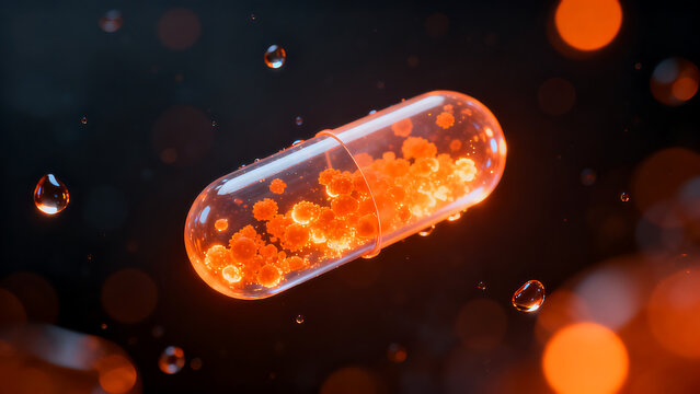 Glowing orange probiotic capsule with micro-granules, pharmaceutical supplement pill for digestive health, medical science concept with bokeh isolated on White Background