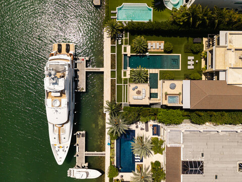 Star Island in Miami beach, Florida. Residential buildings in luxury Star island surrounded by sea. Waterfront residential area on Star island, Miami. Florida landscape view. Top view