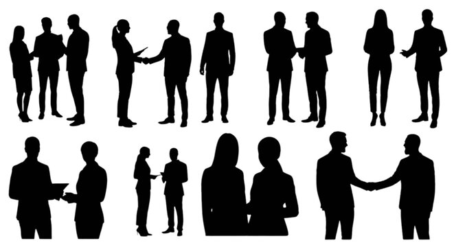 Black silhouettes of business people interacting isolated on transparent background, Vector