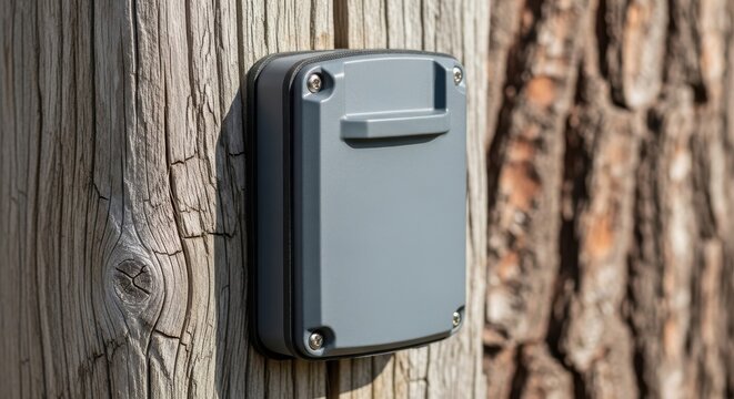 Rugged weatherproof RFID reader device securely mounted on a wooden pole for outdoor technology applications