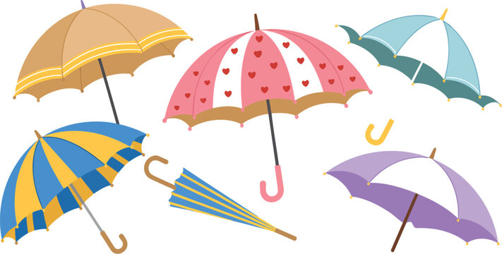 Umbrella set with various shapes and styles open and closed weather accessories collection isolated on white flat vector illustration