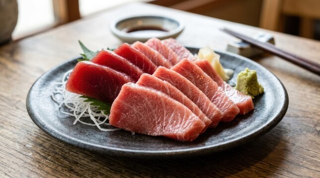 A plate of sashimi with a garnish of wasabi and ginger on a rustic wooden table.