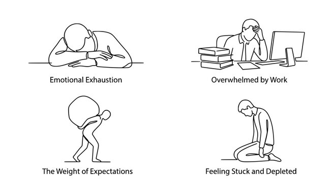 Burnout and Exhaustion Line Art Set &ndash; Work Stress and Fatigue Minimal Illustration