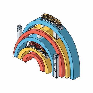 Roller coaster journey through colorful arches and abstract cityscape elements.