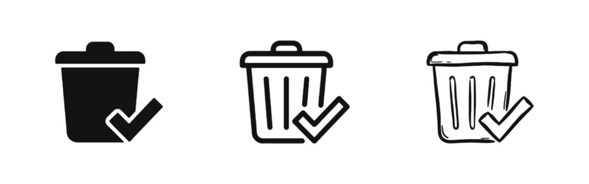 Trash Can with Checkmark Icons Set - Delete Confirmation and Success Symbols