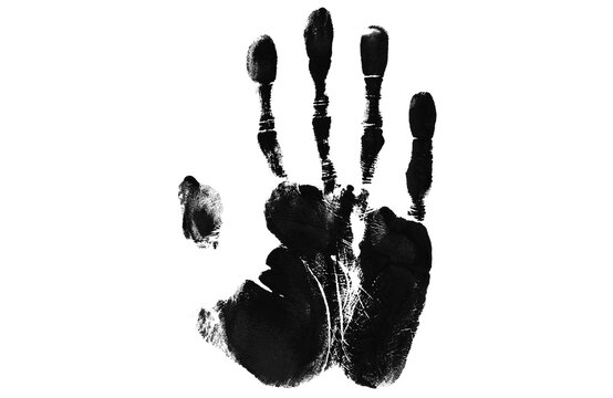 Grungy black handprint on white background, textured ink palm print, human hand silhouette with distressed paint details, forensic evidence concept