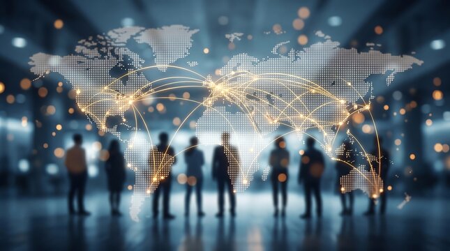 Global network connection map over blurred business executives in a modern office, concept for international commerce, data connectivity and financial technology innovation