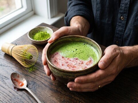 Crafting a serendipitous blend of matcha and strawberry flavors in a handcrafted bowl, epitomizing culinary artistry and mindfulness in everyday life